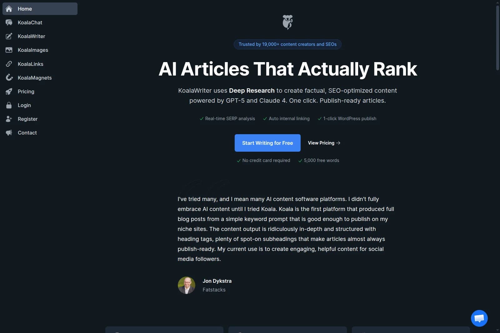 Koala-AI homepage presenting its AI article generation and SEO ranking capabilities with a dark-mode sleek interface.