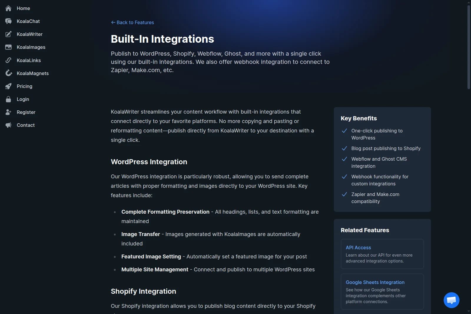 KoalaWriter integrations page showing built-in publishing options with a clean dark-mode interface.