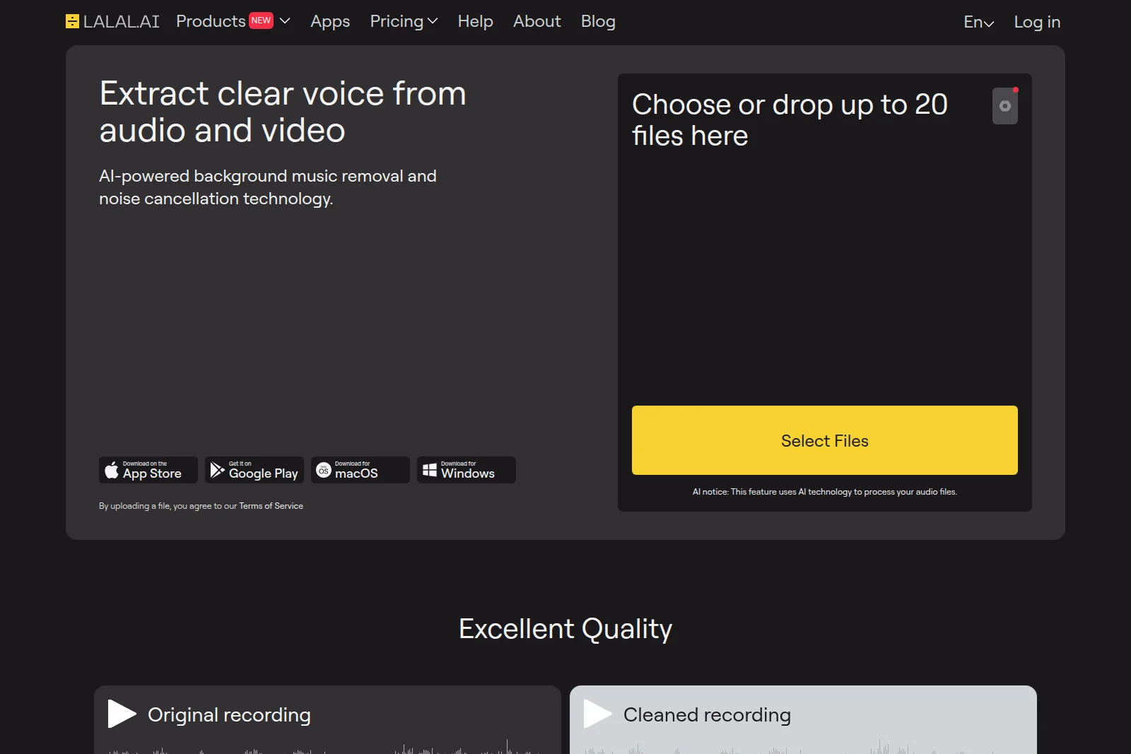 Lalal.ai voice cleaner workspace showing the file upload area for extracting clear voice from audio and video with a dark-mode interface.