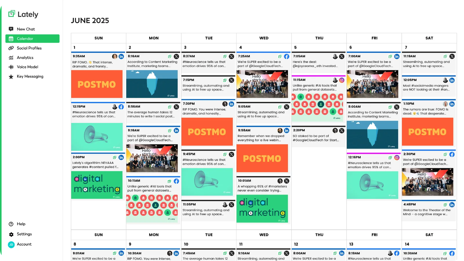 Lately social media content calendar showing scheduled posts for June 2025 with a clean, grid-based interface.