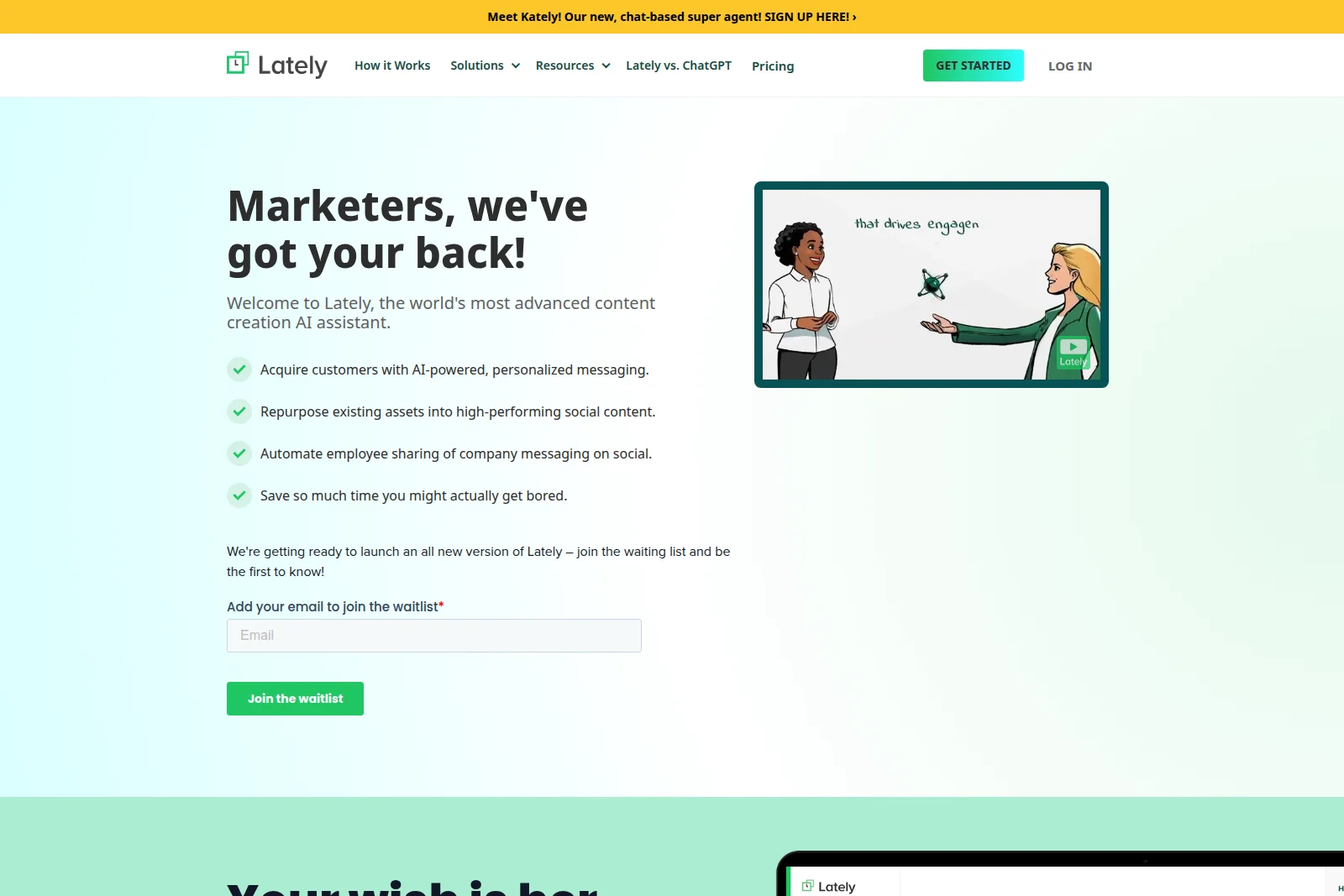 Lately homepage hero showing two illustrated marketers interacting with an AI content assistant in a clean, modern interface.
