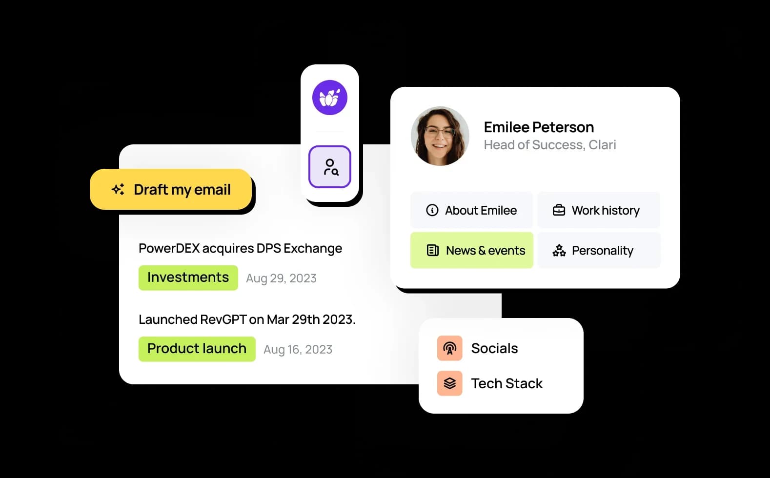 Lavender sales intelligence workspace displaying a contact's enriched profile with news, work history, and AI email drafting feature.