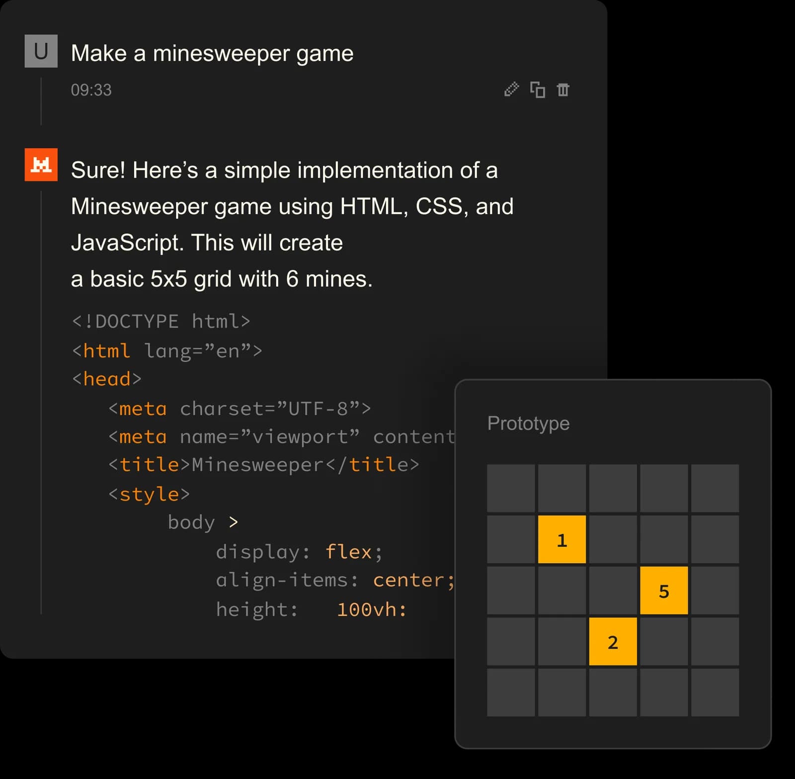 Le-chat AI assistant generating Minesweeper game code with a live prototype in a dark-mode UI.