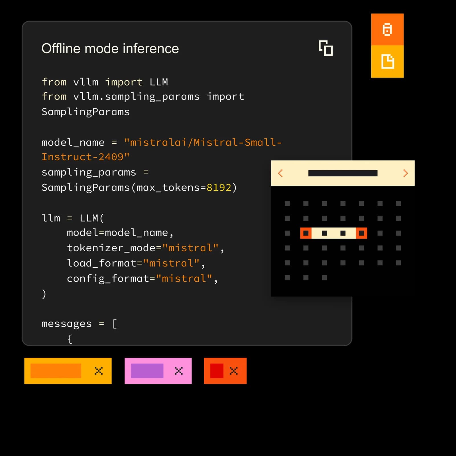Le-chat AI development workspace showing offline mode inference code and a pixel art output display in a dark-themed interface.