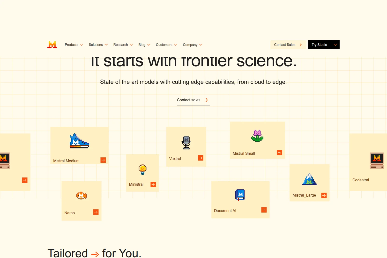 Mistral AI models page displaying a grid of AI models like Mistral Medium and Codestral, each with a unique pixel art icon and a clean, grid-patterned interface.
