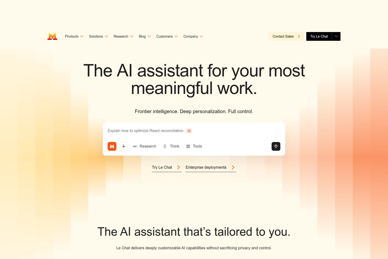 Le Chat AI assistant homepage featuring the primary chat input field with a user query about optimizing React reconciliation, presented in a clean, modern light-themed UI.