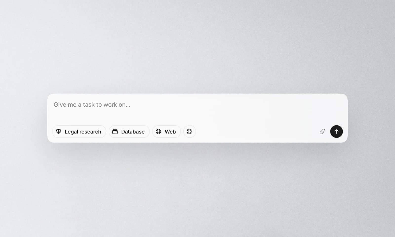Legora workspace UI showing an AI prompt with legal research, database, and web tool selections in a modern light-mode interface.