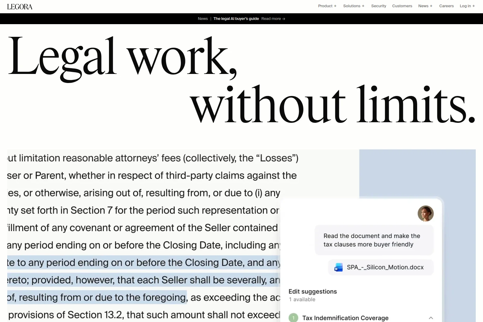 Legora AI workspace showing document editing and AI suggestions for buyer-friendly tax clauses in a modern interface.