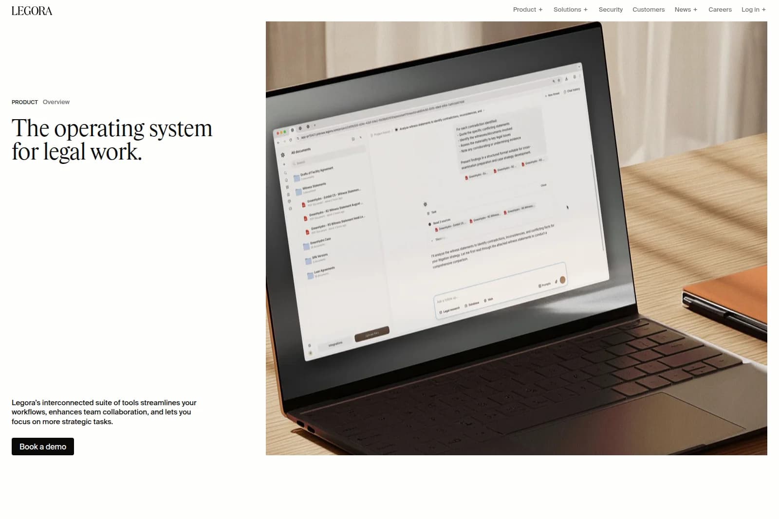 Legora legal workspace UI showing AI document analysis and file management with a clean, modern interface.