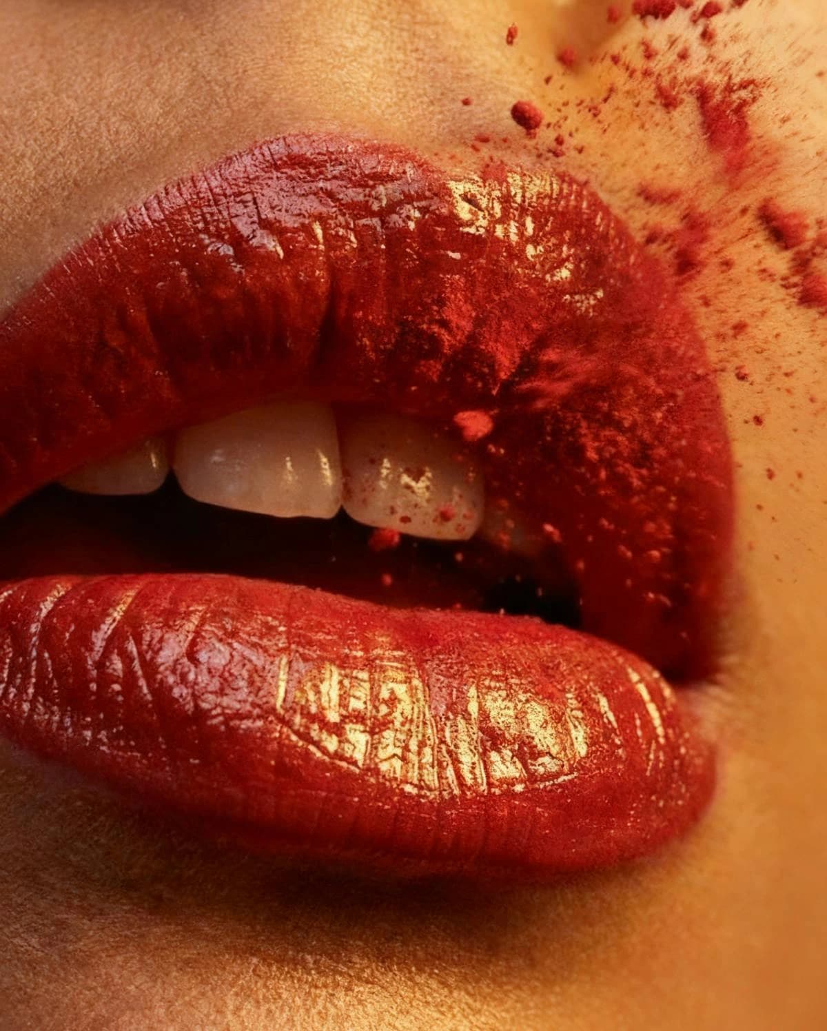 Leonardo AI generated image showing a close-up of glossy red lips with scattered red pigment and a high-detail, artistic rendering style.