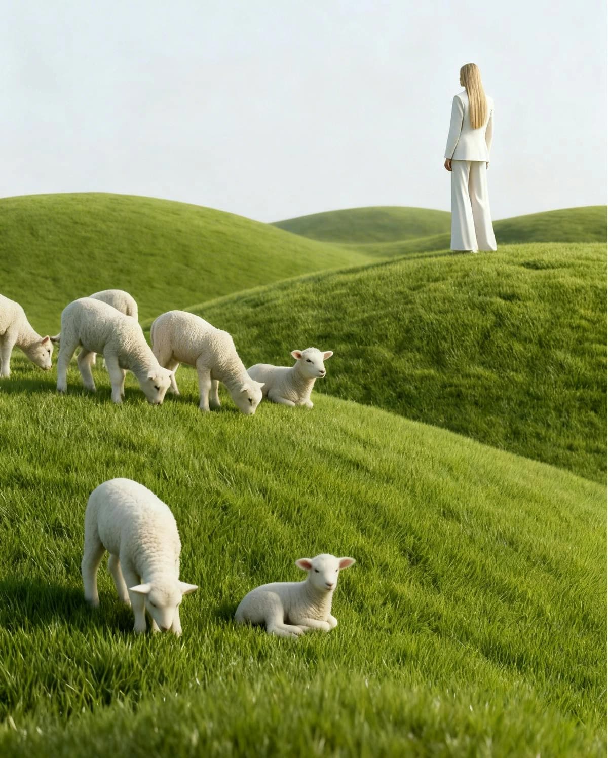Leonardo AI generated image depicting a surreal pastoral landscape with sheep and a person in a white suit walking on hills