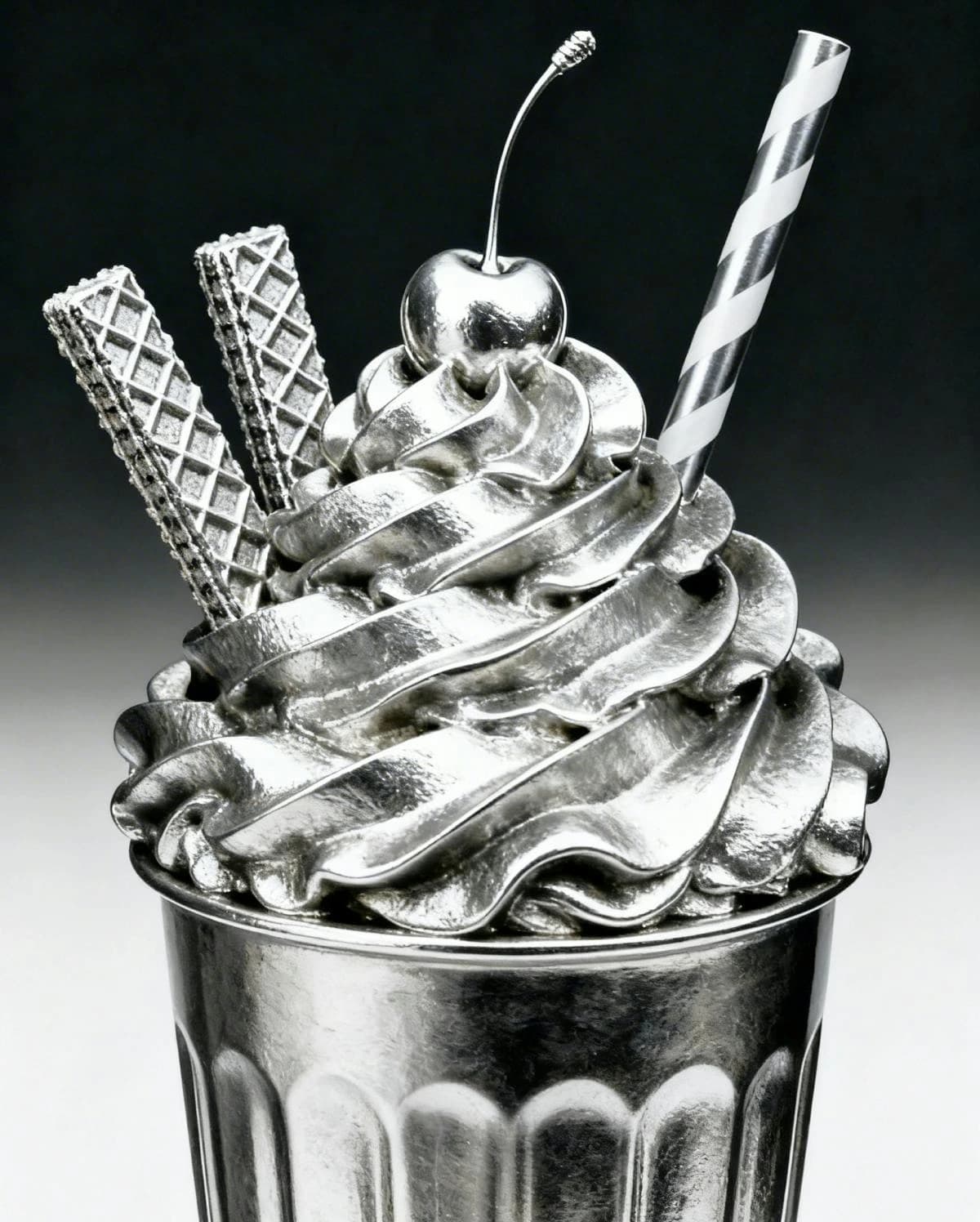 Leonardo AI output sample showing a hyperrealistic metallic milkshake with whipped cream, cherry, and wafers, demonstrating advanced image generation capabilities.