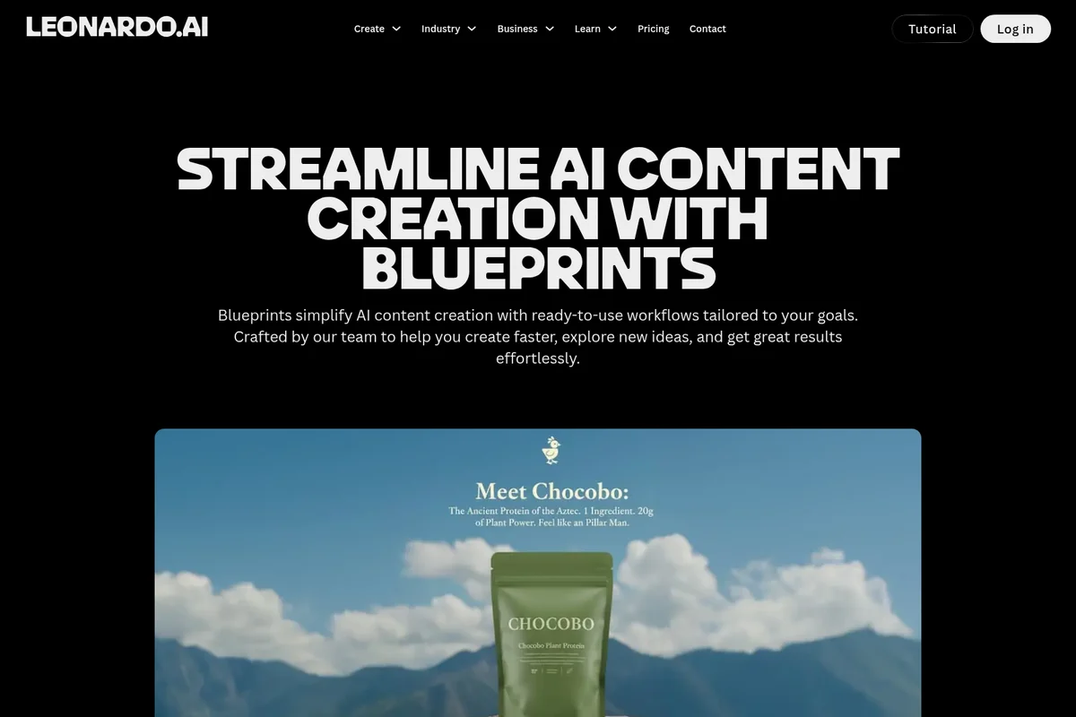Leonardo AI blueprints landing page highlighting AI content creation with a dark-mode modern interface.