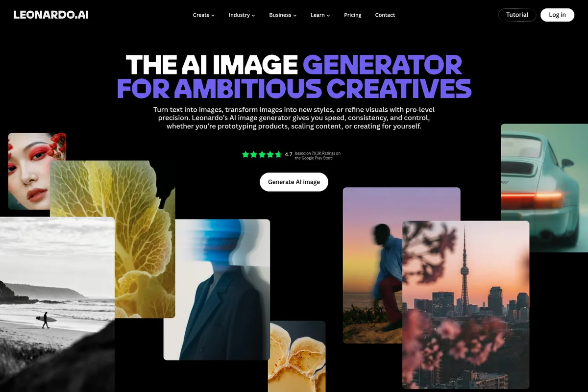 Leonardo AI landing page showing diverse AI-generated images with a dark-mode modern interface.