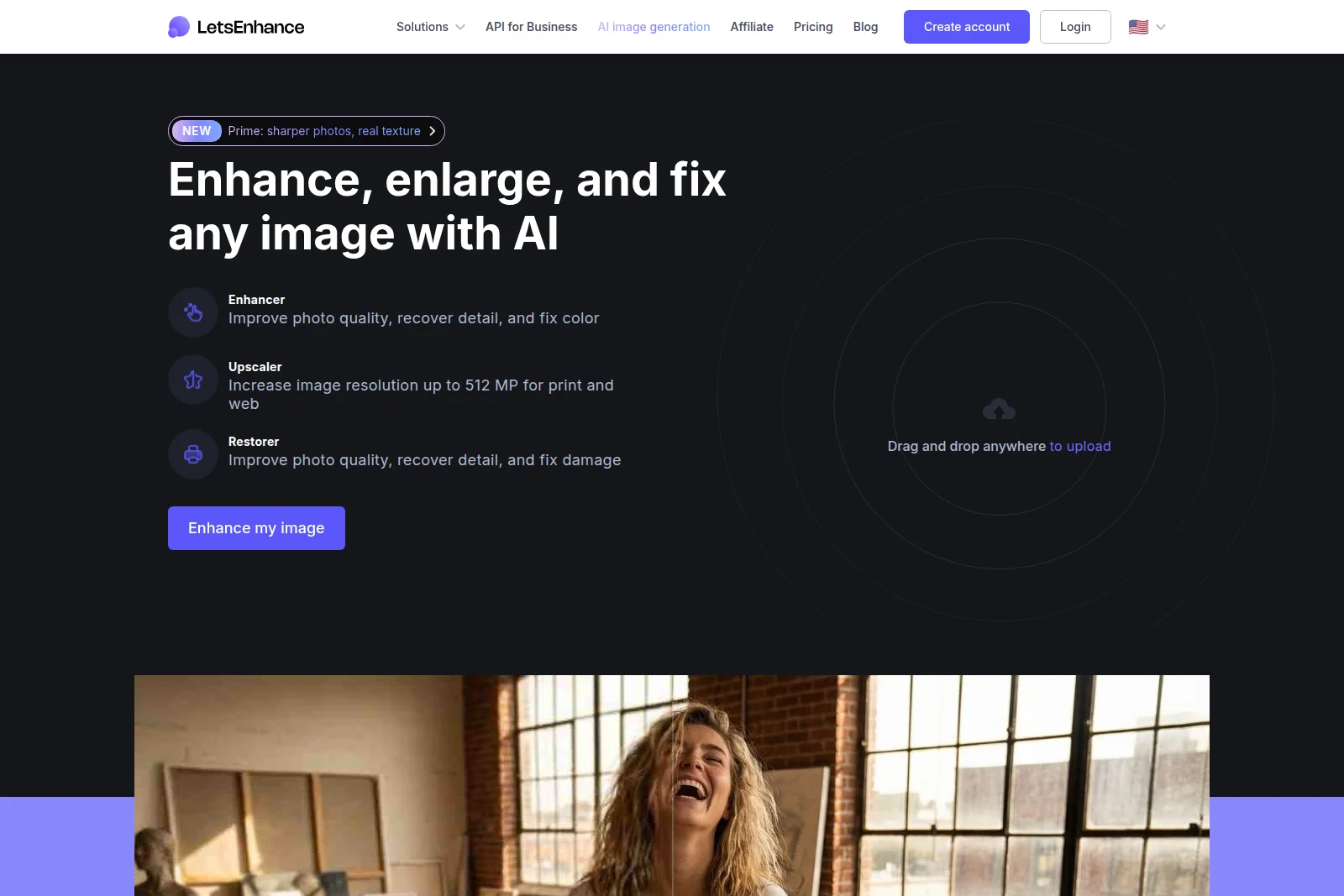 LetsEnhance AI image enhancement homepage showcasing features for upscaling, restoring, and fixing images with a dark interface.