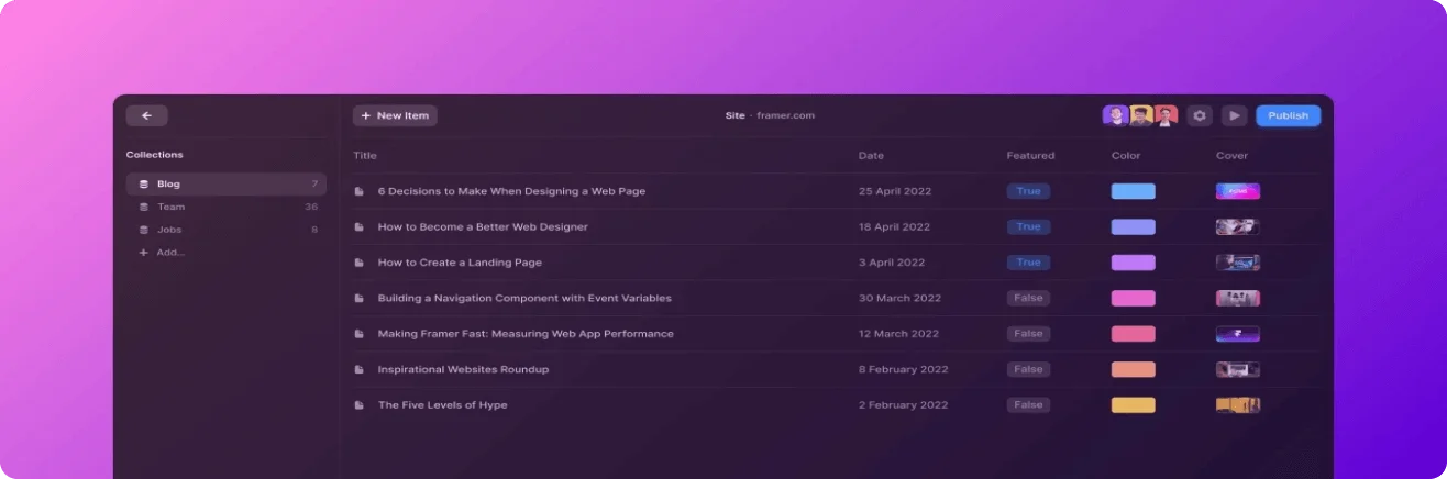 Framer workspace displaying content collections for blog posts with a modern dark-mode interface.