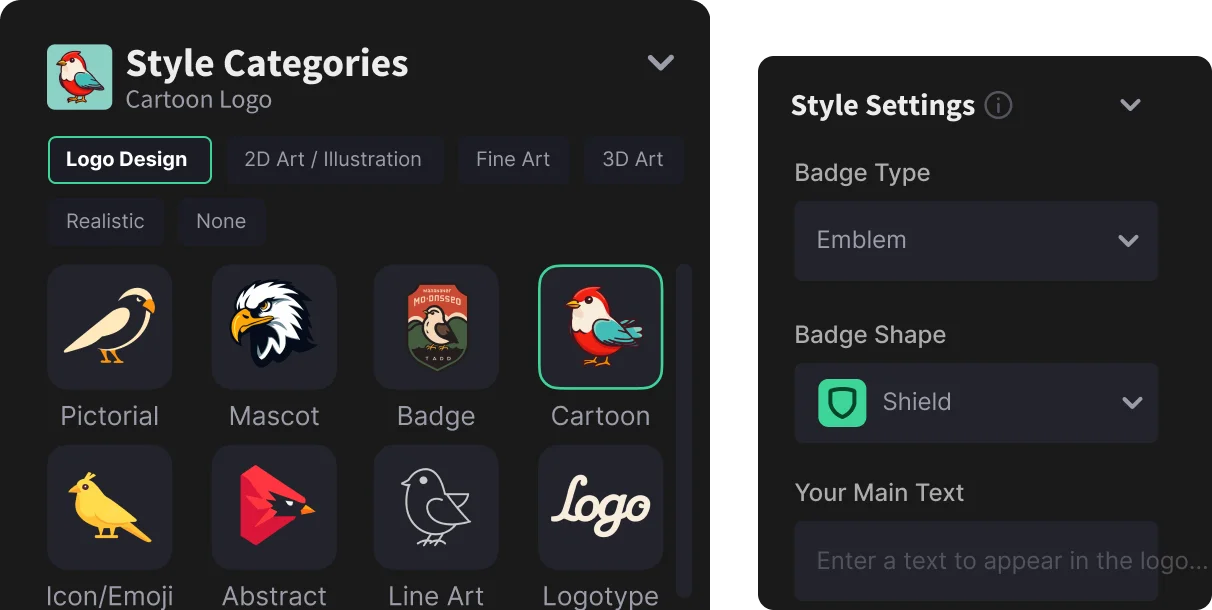 Logo-diffusion workspace showing style categories and badge settings with a dark-mode interface.