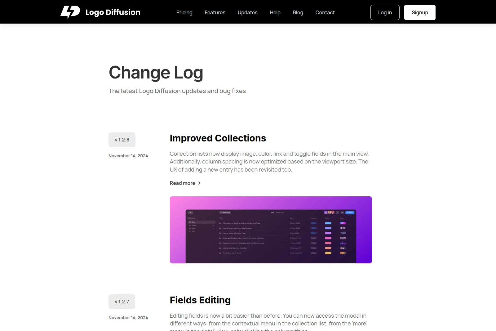 Logo Diffusion changelog entry showing improved collections management with a dark-mode organized interface.