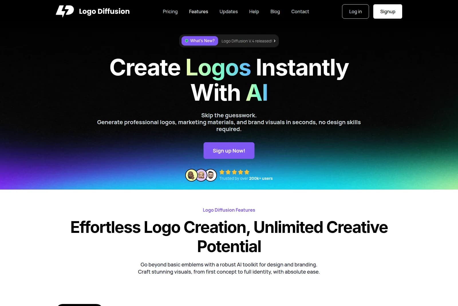 Logo Diffusion landing page hero promoting AI-powered logo creation with a dark-mode sleek aesthetic