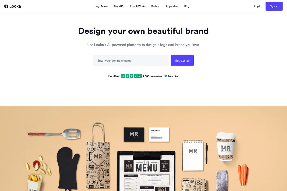 Looka homepage hero section showing company name input and a comprehensive brand identity kit output for a restaurant.