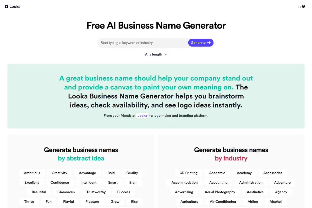 Looka Business Name Generator workspace showing the name input field and options to generate by abstract idea or industry with a clean interface.