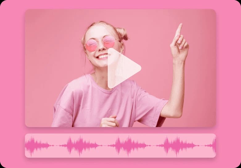 lovo video editor showing a smiling woman playing a video with an audio waveform in a clean pink interface.