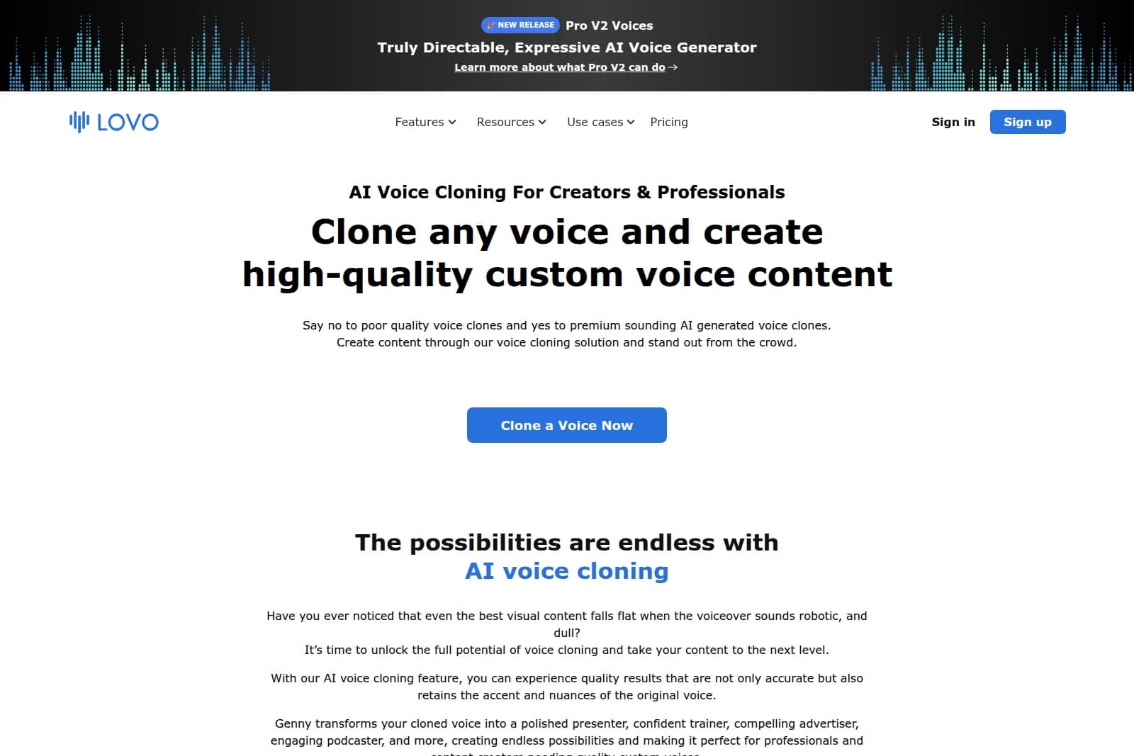 LOVO feature page showcasing AI voice cloning capabilities with a clean, modern design.