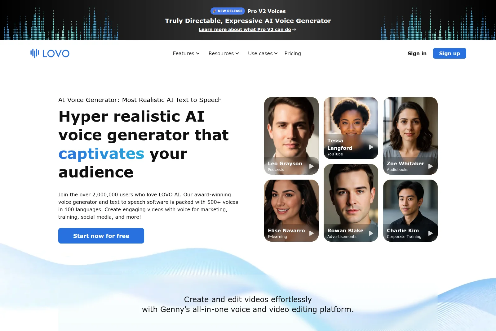 LOVO homepage showcasing its hyper realistic AI voice generator and diverse voice personas with a clean, modern interface.