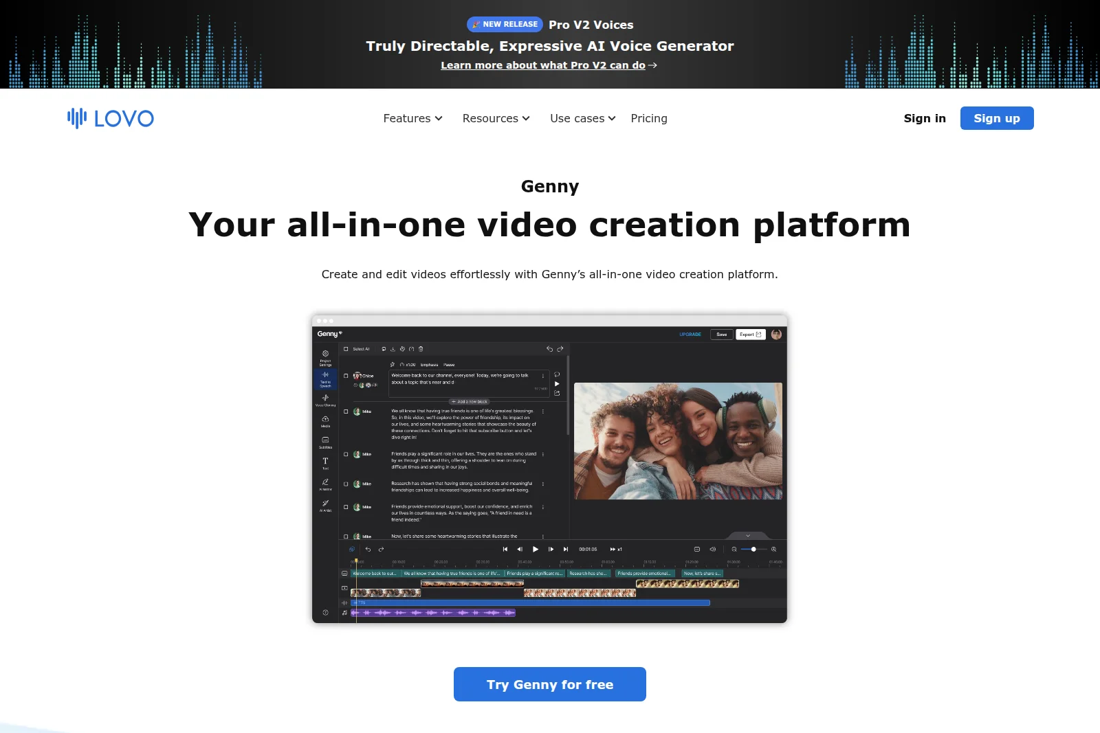 Lovo Genny workspace showing video creation and editing with a dark-mode interface and script editor.
