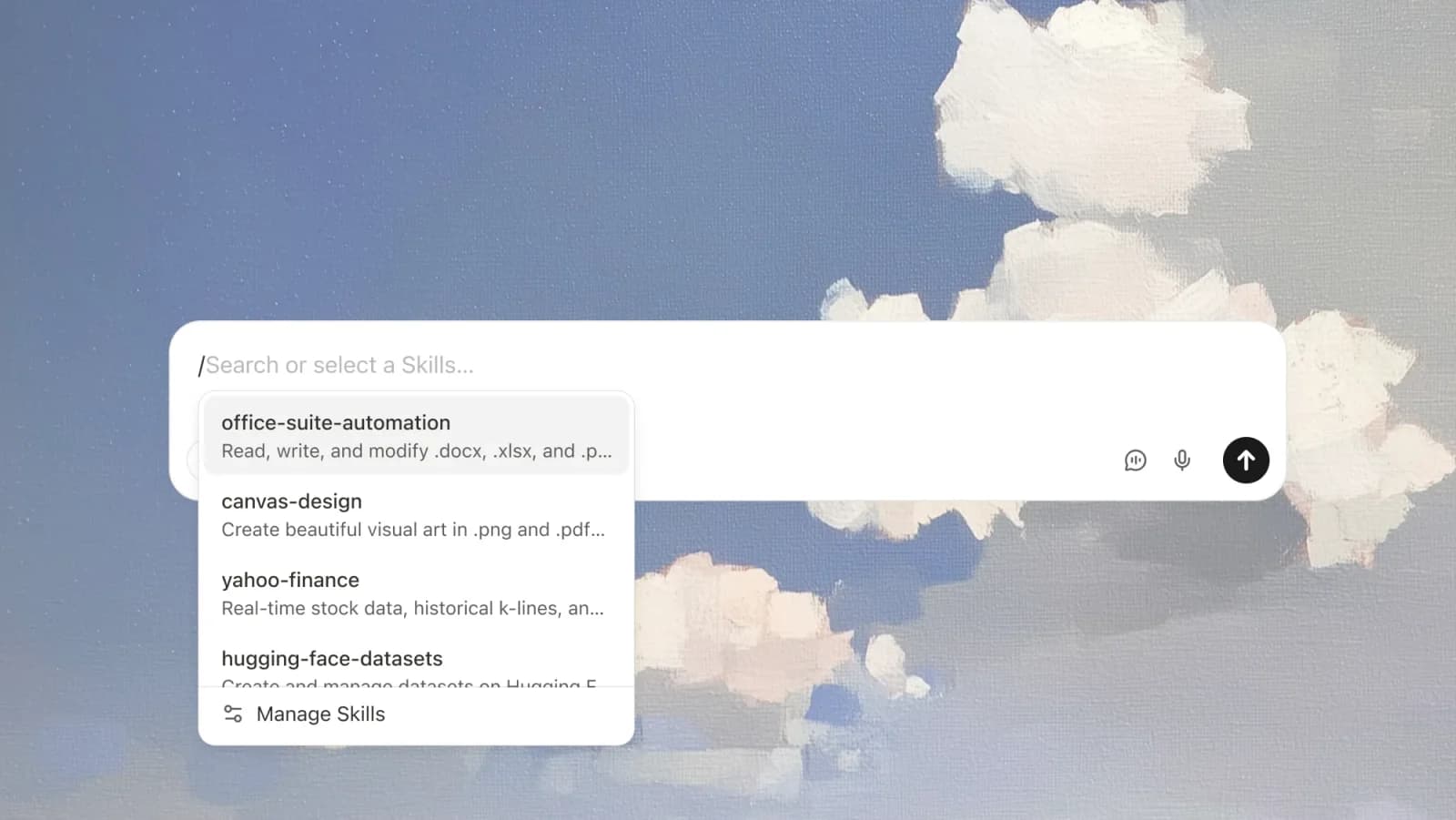 manus-ai workspace UI showing skill selection with options for office automation and canvas design, against a soft cloudy background.