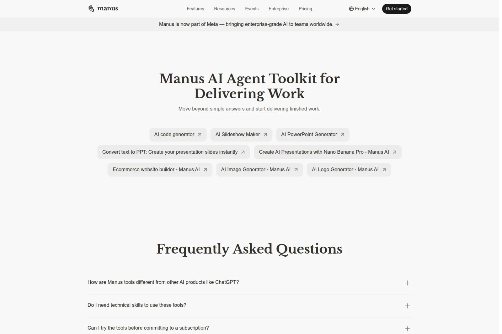 Manus AI Agent Toolkit page featuring AI-powered tools for code, presentations, and content generation, in a clean, light interface.