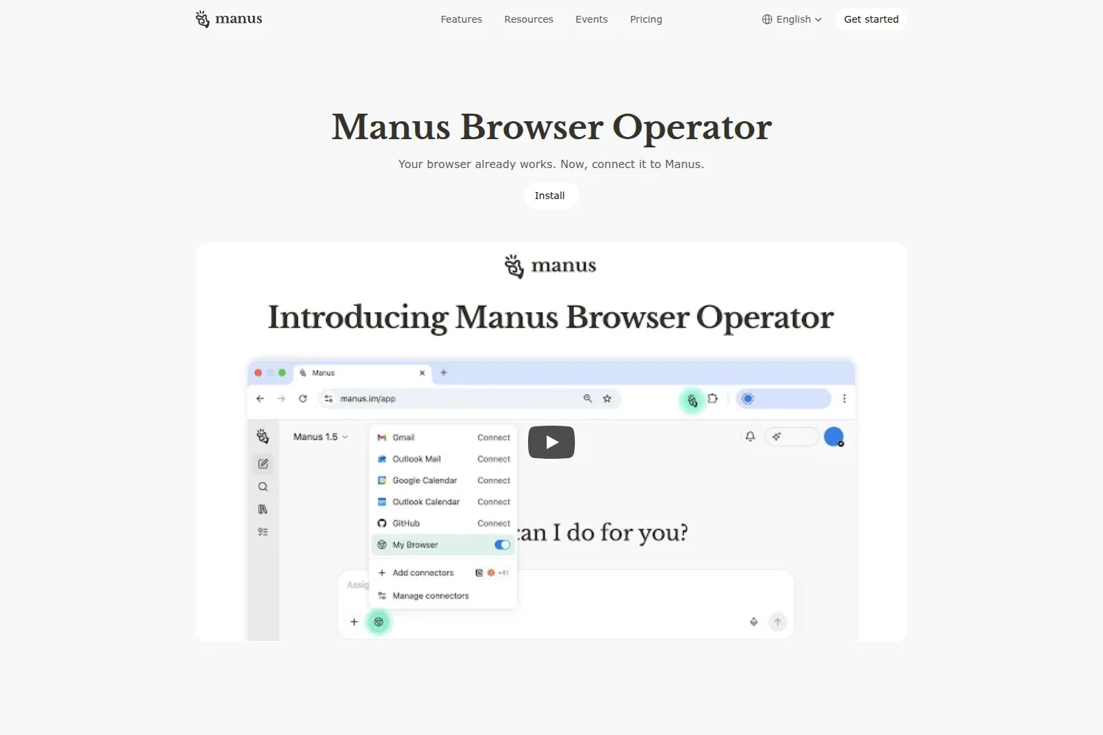 Manus Browser Operator feature-deep-dive showing browser extension dropdown connecting services like Gmail and GitHub in a clean light interface.