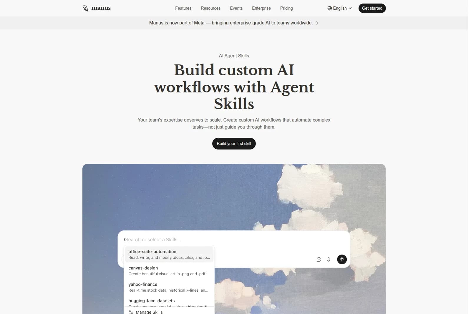 manus-ai agent skills page showing a search interface for AI agent skills with example categories in a clean, modern interface.