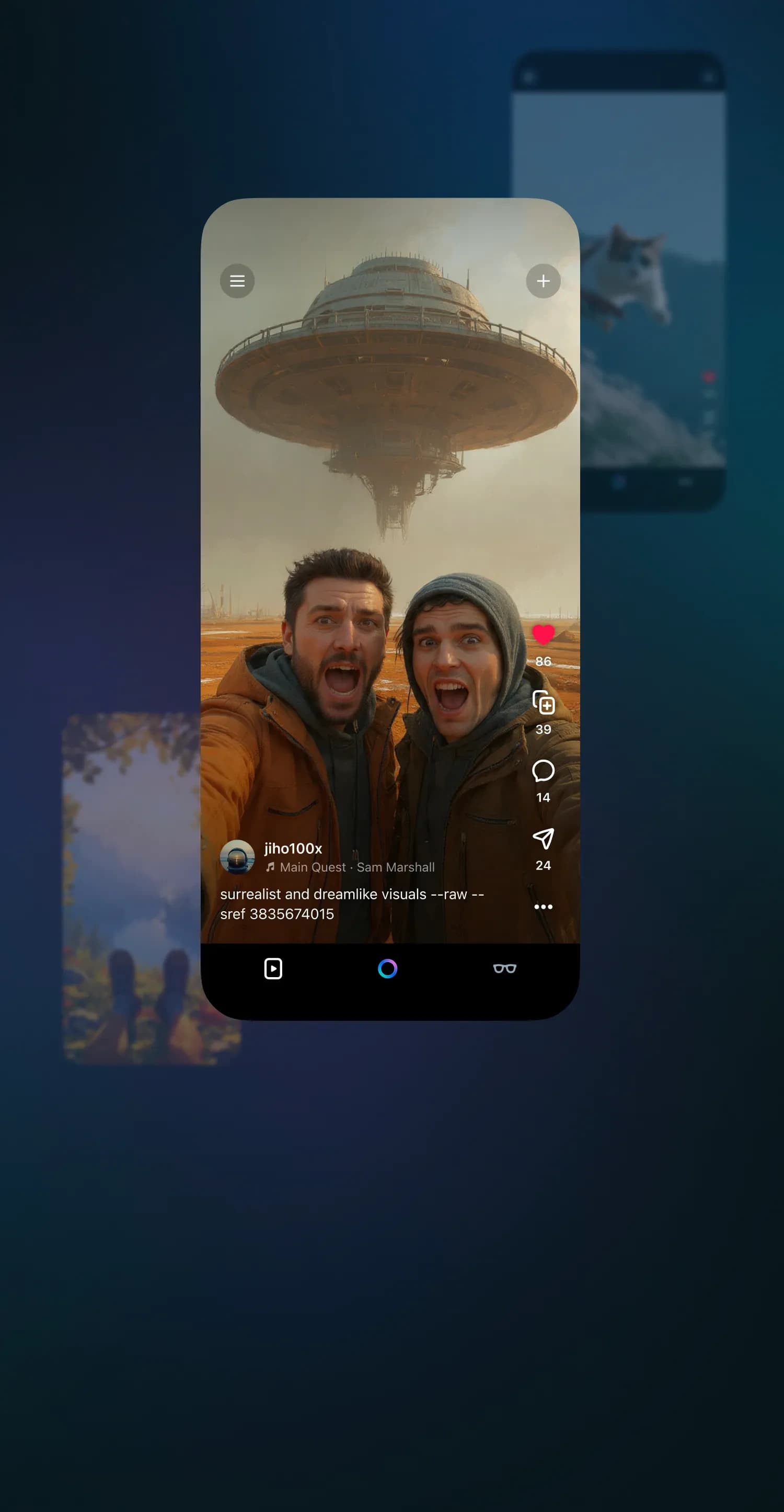 Meta AI social feed displaying an AI-generated surrealist image of two expressive men and a floating architectural structure, within a dark-mode mobile application.