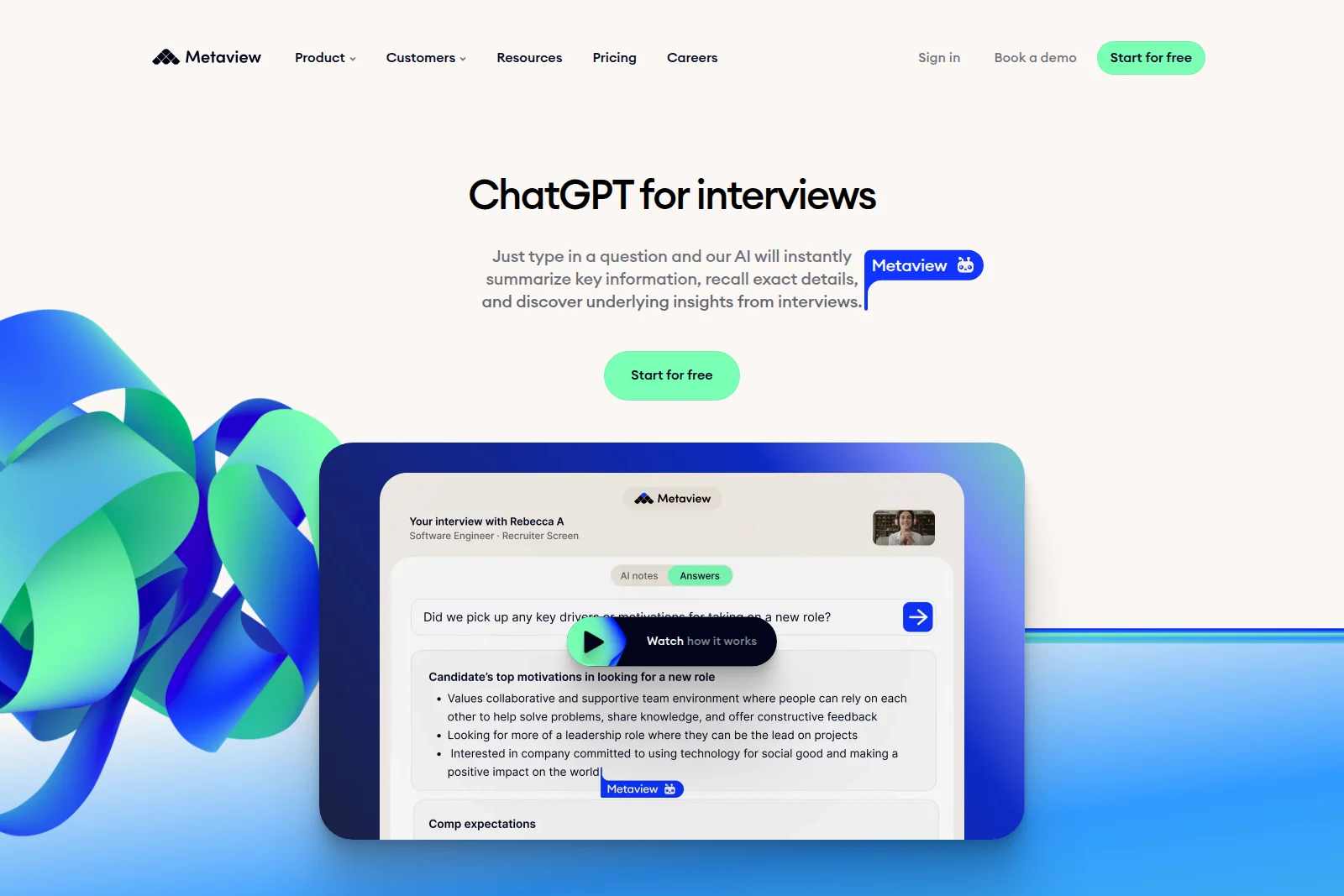 Metaview AI interview assistant UI showing the ChatGPT for interviews feature summarizing candidate motivations with a modern, clean design.