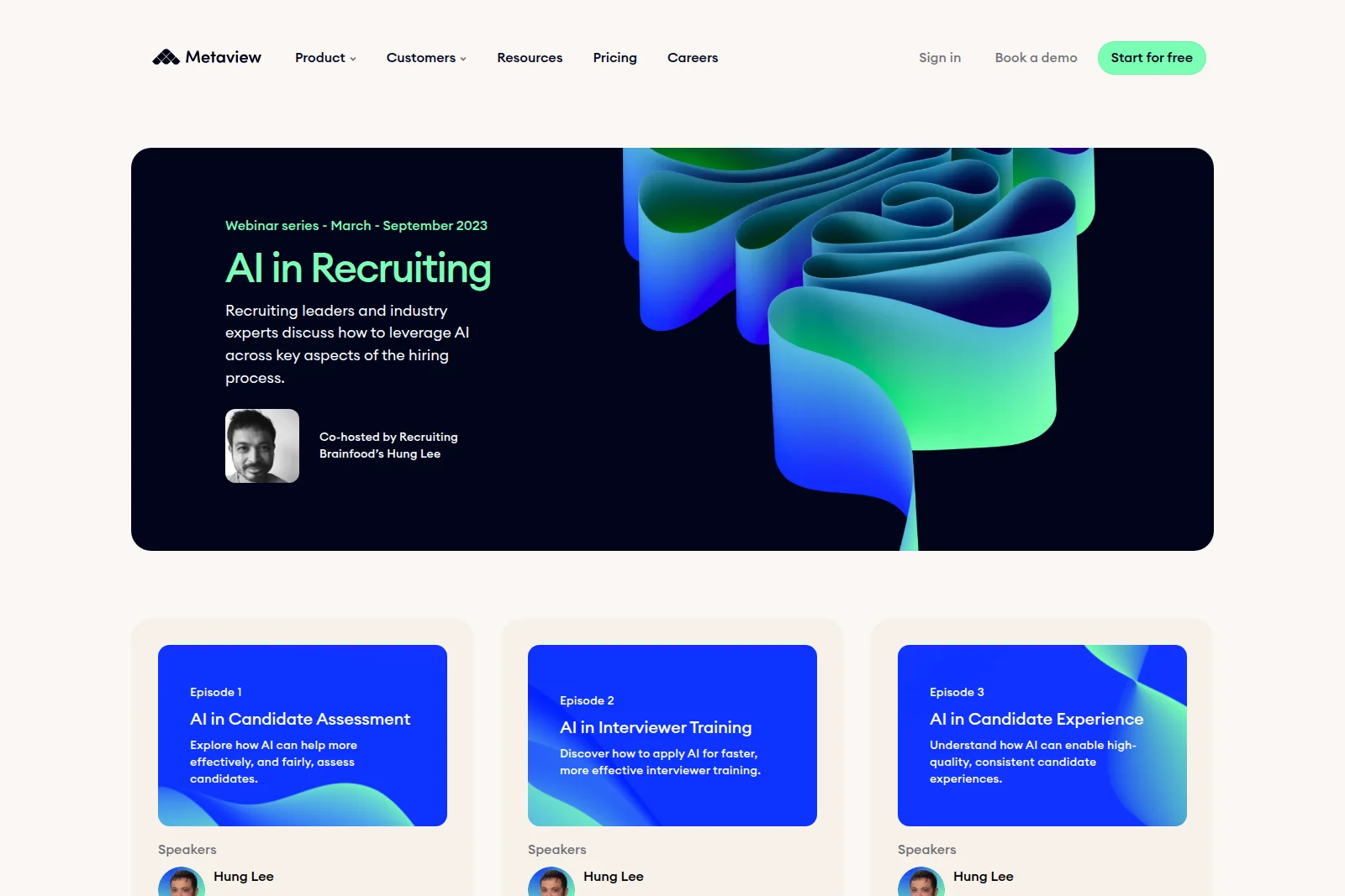 Metaview webinar page announcing the 'AI in Recruiting' series with a dark-themed header featuring abstract gradient waves and speaker details.