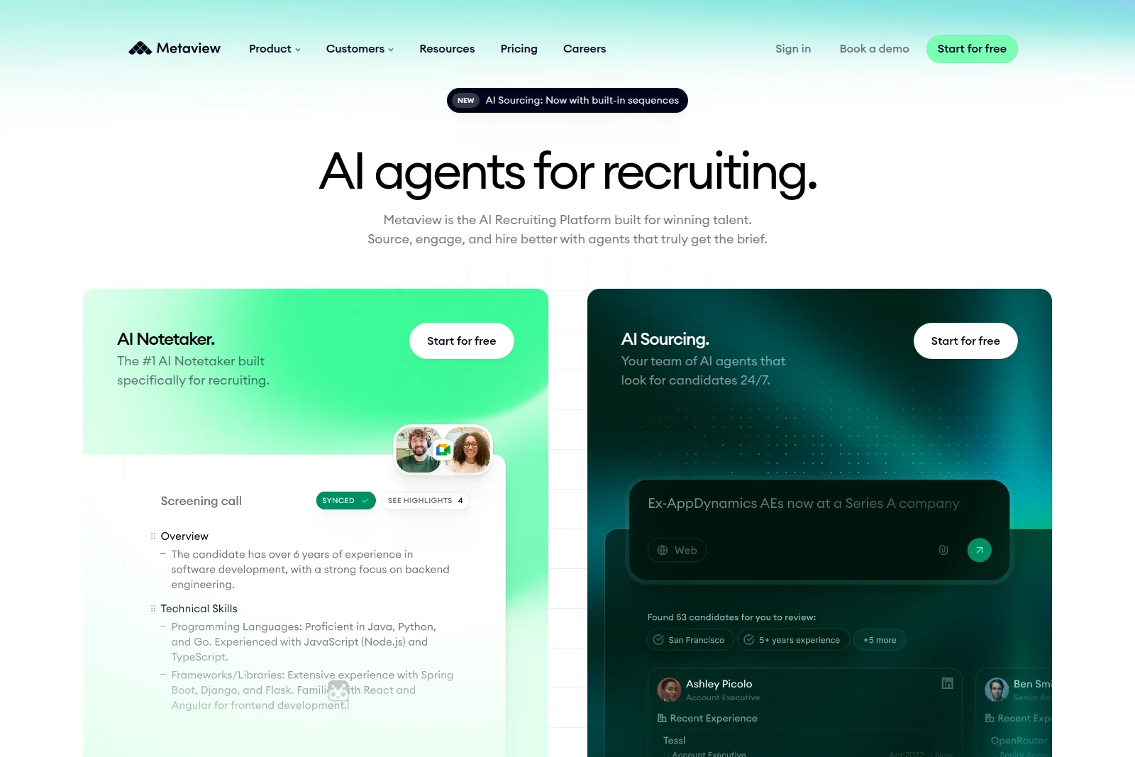 Metaview homepage showcasing AI agents for recruiting, featuring AI Notetaker summarizing a screening call and AI Sourcing presenting candidate profiles with a modern, gradient UI.