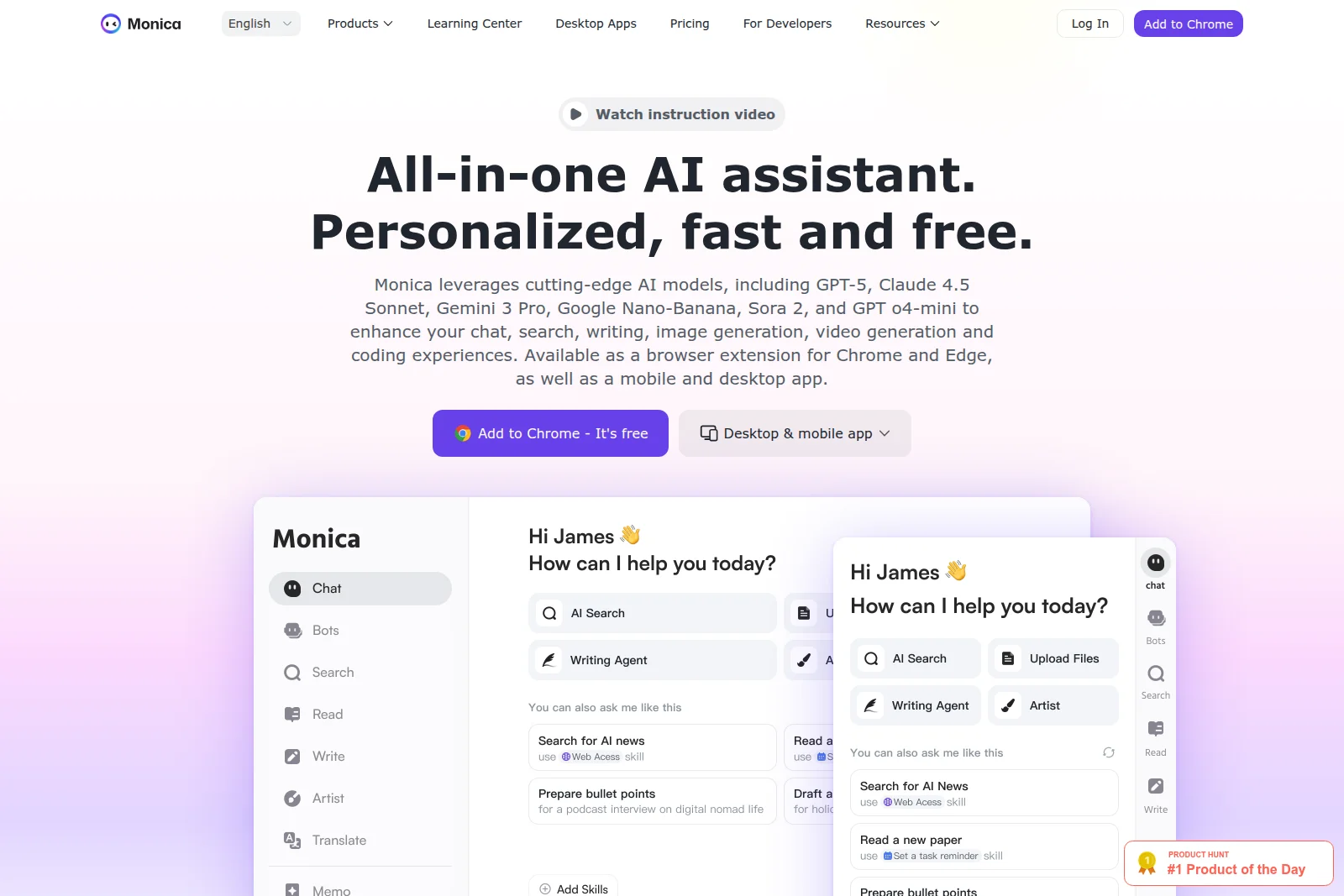 Monica AI homepage showcasing its all-in-one AI assistant features and interface with a clean, modern design.