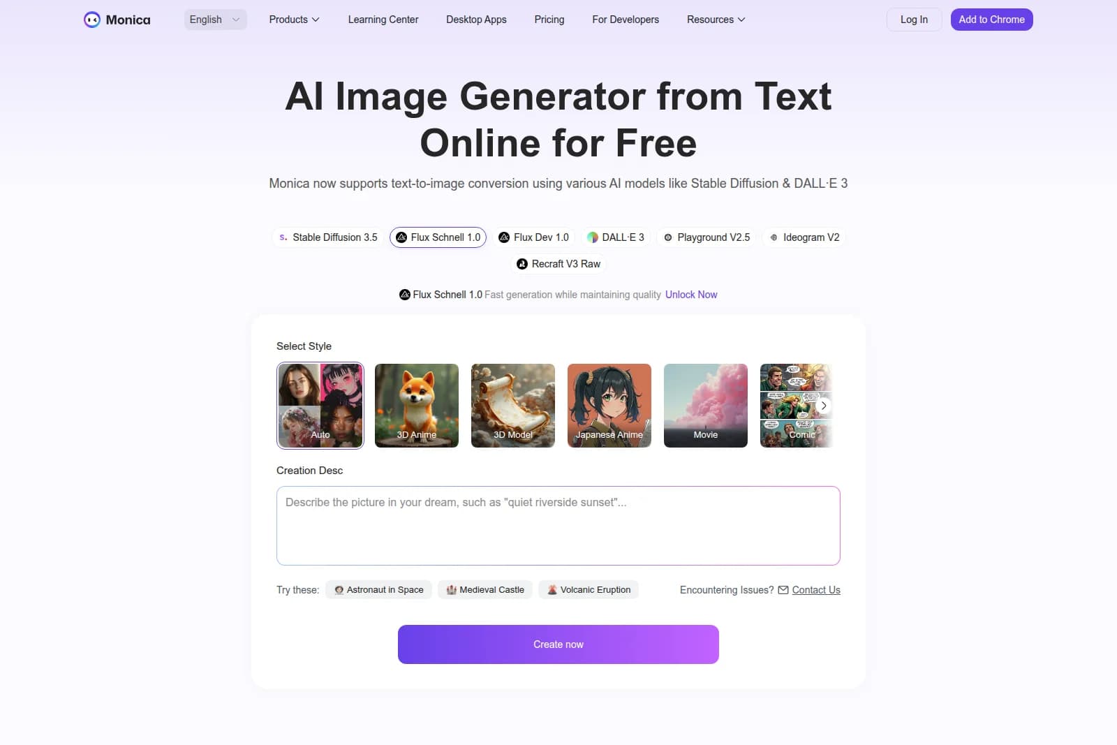 Monica AI image generator workspace showing text-to-image creation with style and model selection in a clean light theme.