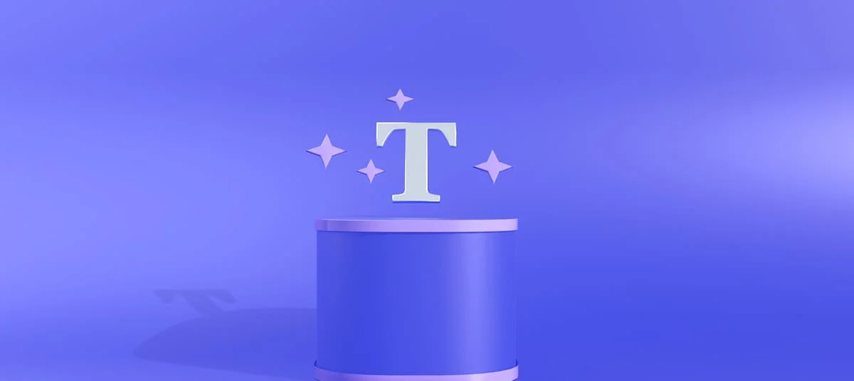 Mubert marketing graphic featuring a stylized white letter T surrounded by glowing stars, floating above a purple cylindrical pedestal.
