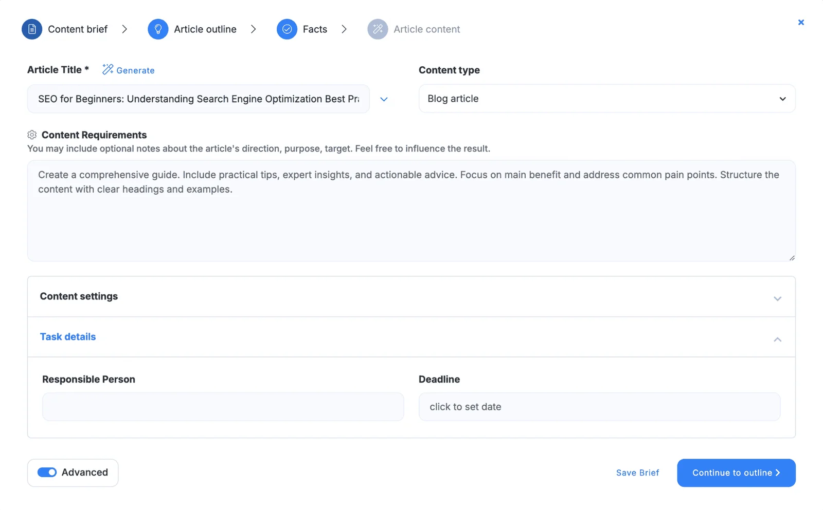 Neuronwriter content brief UI displaying article title, detailed content requirements, and task settings in a clean, modern interface.