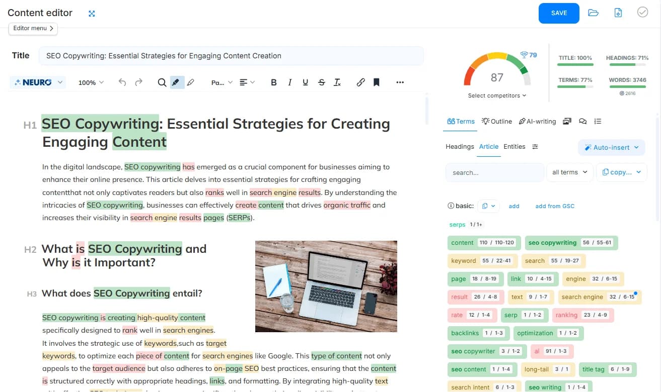 Neuronwriter content editor workspace showing SEO content optimization with real-time term suggestions in a clean light-theme interface.