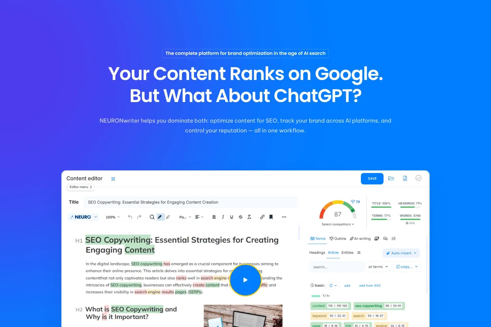 Neuronwriter workspace showing content editor with SEO score, highlighted terms, and AI writing features in a clean light theme.