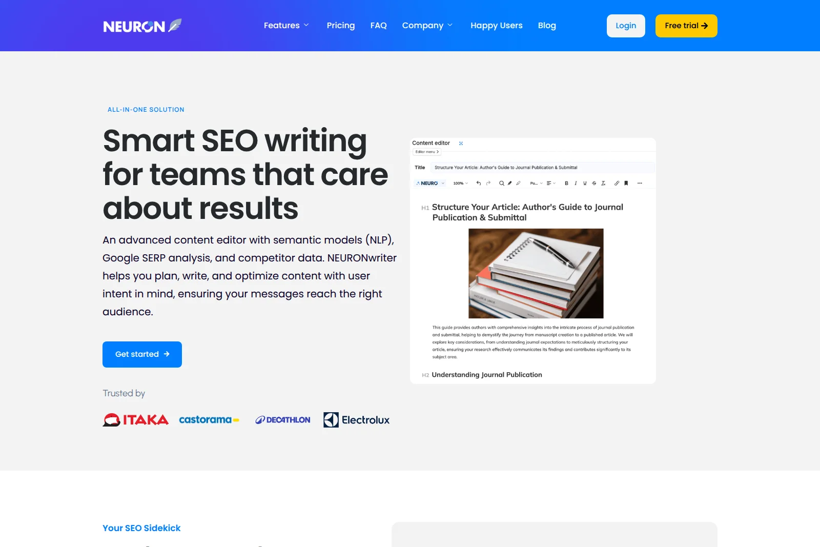 NeuronWriter workspace showing a content editor with real-time SEO analysis in a clean light-mode interface.