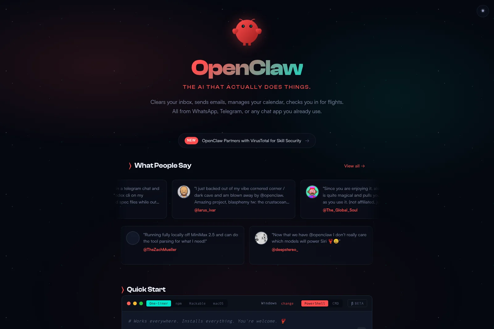 OpenClaw homepage showing AI-powered task management from chat apps, featuring user testimonials and quick start instructions.
