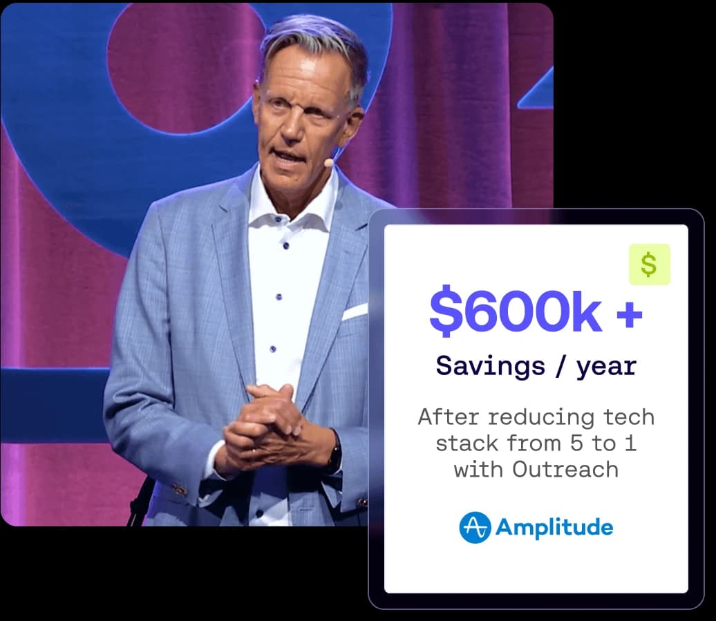 Outreach customer success visual featuring a speaker on stage next to a callout box highlighting $600k+ annual savings from tech stack reduction.
