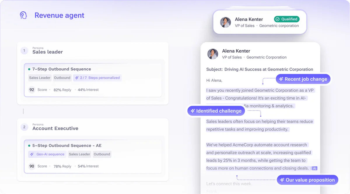 Revenue agent workspace showing personalized outreach email drafting with AI insights in a modern, clean interface.