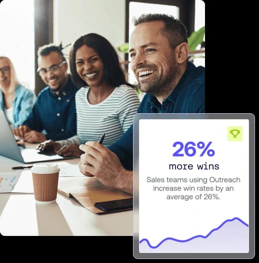 Outreach results overlay showing increased sales win rates with a modern glassmorphism design