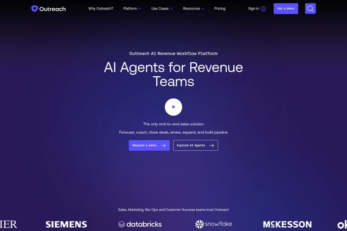 Outreach homepage hero section showcasing 'AI Agents for Revenue Teams' with a modern dark gradient interface.