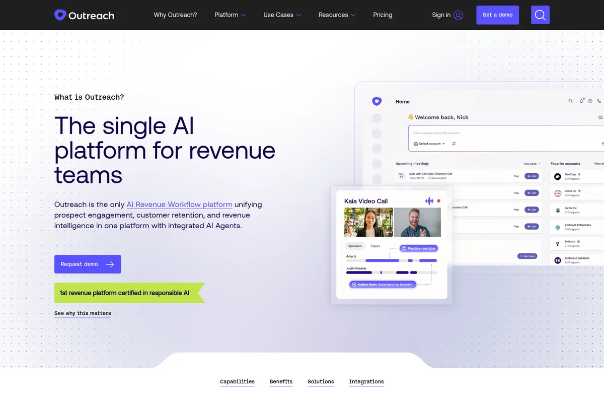 Outreach workspace UI showing an AI revenue platform dashboard with upcoming meetings and Kaia video call insights.